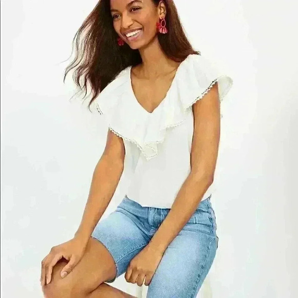 Ann Taylor Loft Ruffle Double V Shell black top blouse Sz xs loose fit - Picture 7 of 9